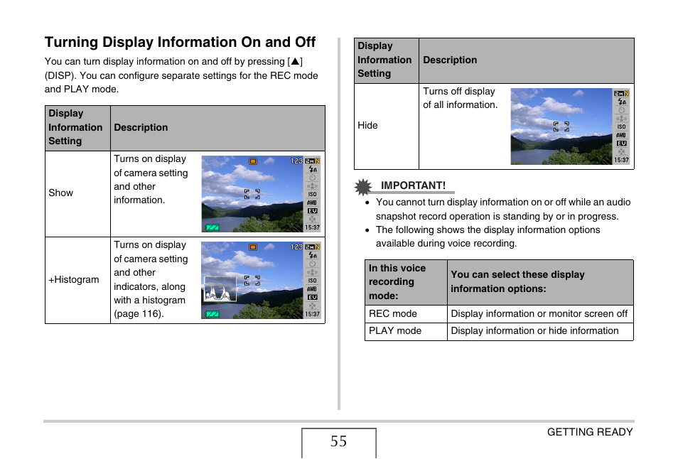 Turning display information on and off | Casio EX-Z75 User Manual | Page 55 / 233