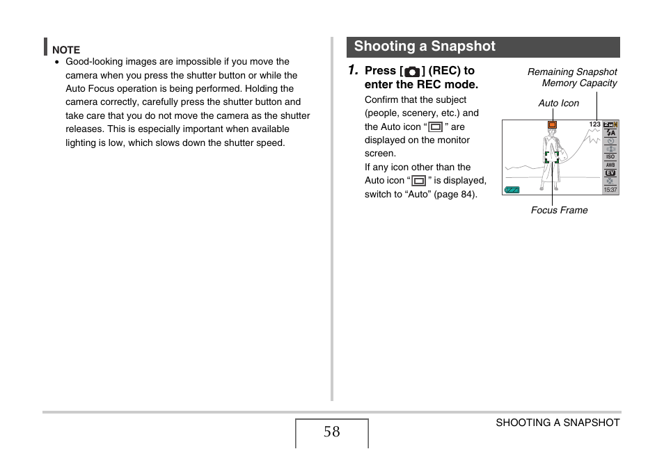 Shooting a snapshot | Casio EX-Z75 User Manual | Page 58 / 233