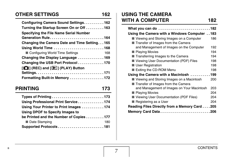 Other settings 162, Printing 173, Using the camera with a computer 182 | Casio EX-Z75 User Manual | Page 7 / 233