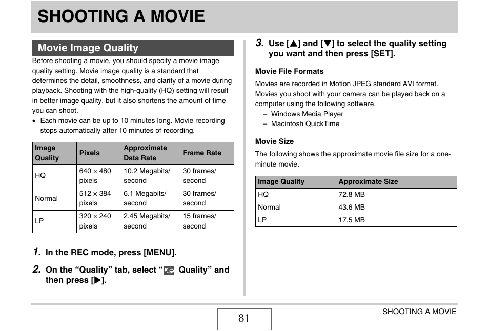 Shooting a movie, Movie image quality, E 81 | Casio EX-Z75 User Manual | Page 81 / 233
