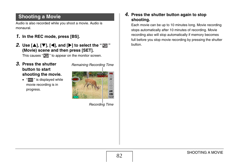 Shooting a movie | Casio EX-Z75 User Manual | Page 82 / 233