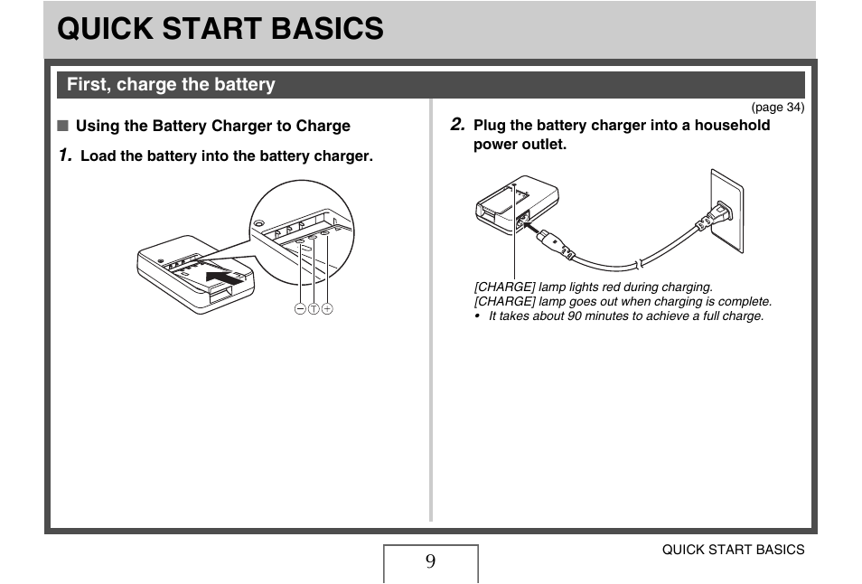 Quick start basics, First, charge the battery | Casio EX-Z75 User Manual | Page 9 / 233