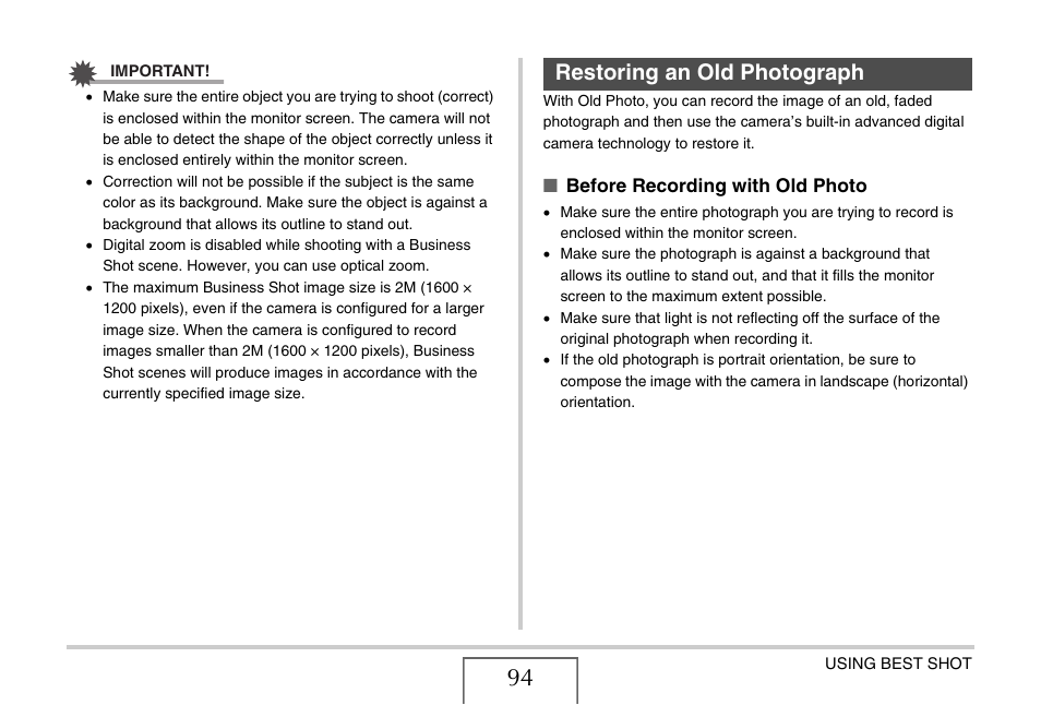 Restoring an old photograph | Casio EX-Z75 User Manual | Page 94 / 233