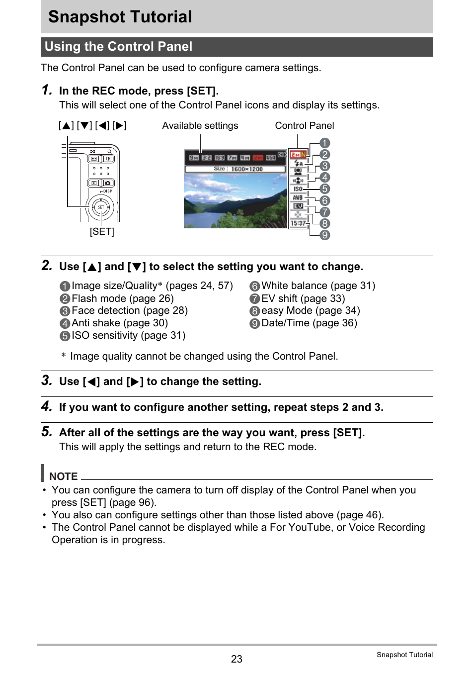 Snapshot tutorial, Using the control panel | Casio EXILIM EX-Z22 User Manual | Page 23 / 139