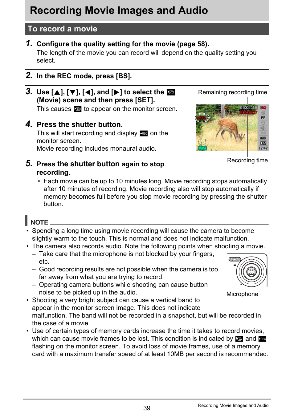 Recording movie images and audio, To record a movie | Casio EXILIM EX-Z22 User Manual | Page 39 / 139
