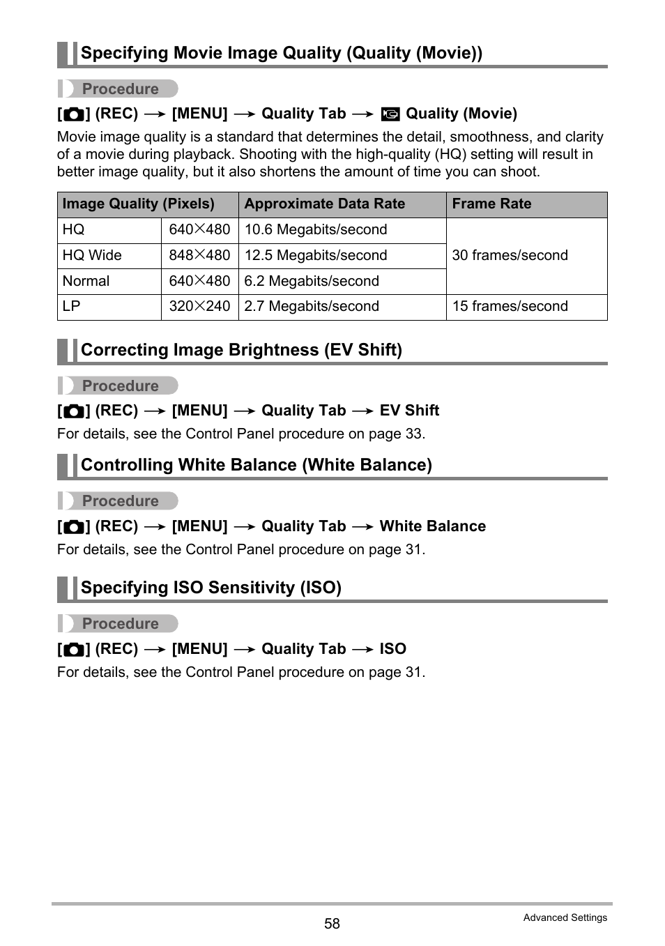 Specifying movie image quality (quality (movie)), Correcting image brightness (ev shift), Controlling white balance (white balance) | Specifying iso sensitivity (iso) | Casio EXILIM EX-Z22 User Manual | Page 58 / 139
