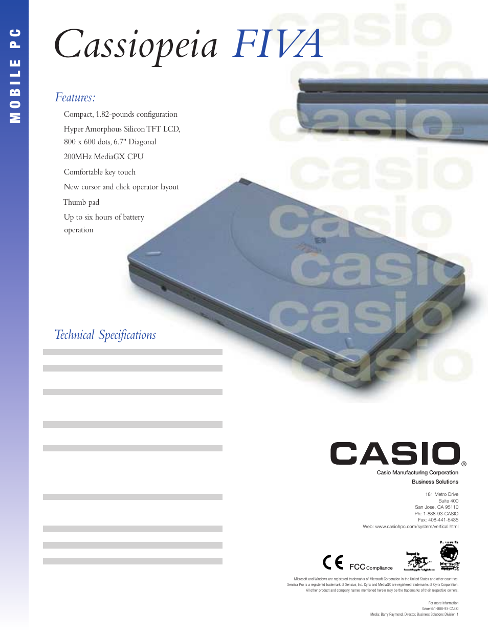 Cassiopeia fiva, Technical specifications mobile pc features | Casio Cassiopeia FIVA User Manual | Page 2 / 2