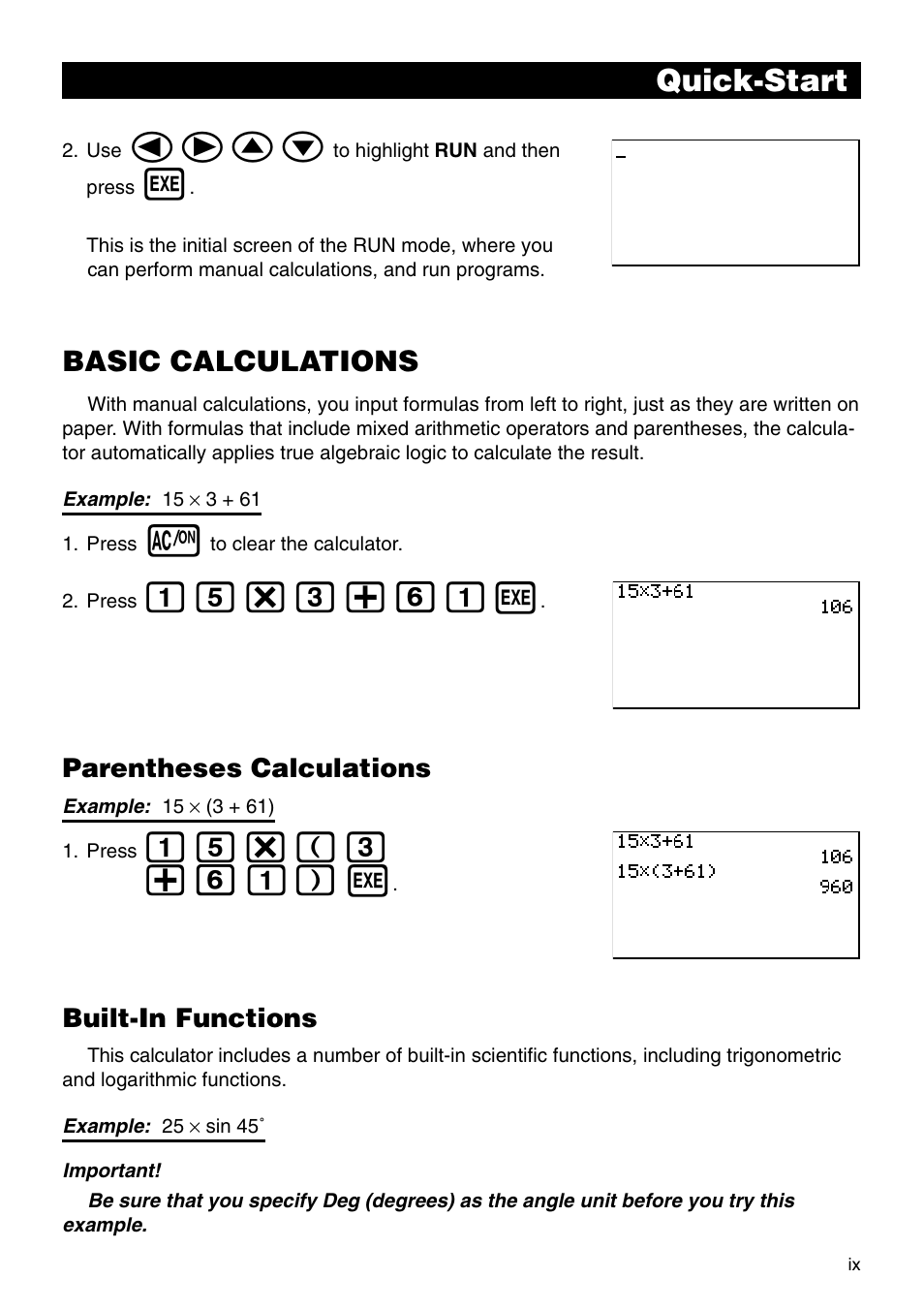 Defc, Bf*d+gb w, Bf*(d +gb) w | Quick-start, Basic calculations, Parentheses calculations, Built-in functions | Casio CFX-9850G PLUS User Manual | Page 11 / 28