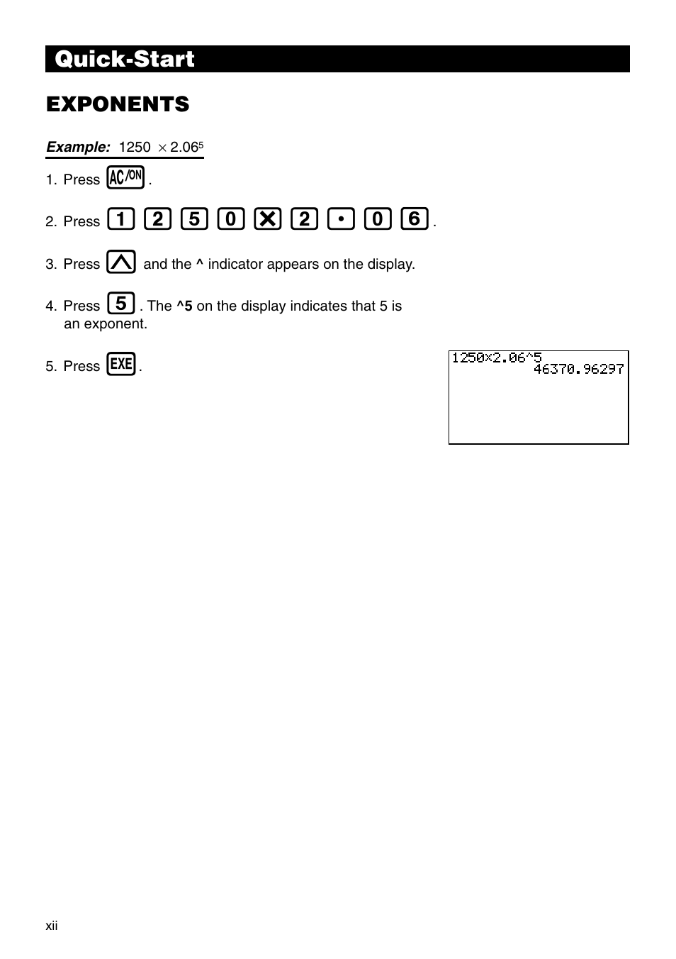 Bcfa*c.ag, Quick-start, Exponents | Casio CFX-9850G PLUS User Manual | Page 14 / 28