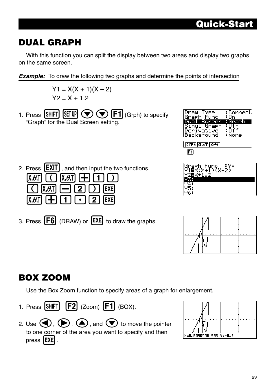 Zcc1, V(v+b) ( v-c)w v+b.cw, Quick-start | Dual graph, Box zoom | Casio CFX-9850G PLUS User Manual | Page 17 / 28