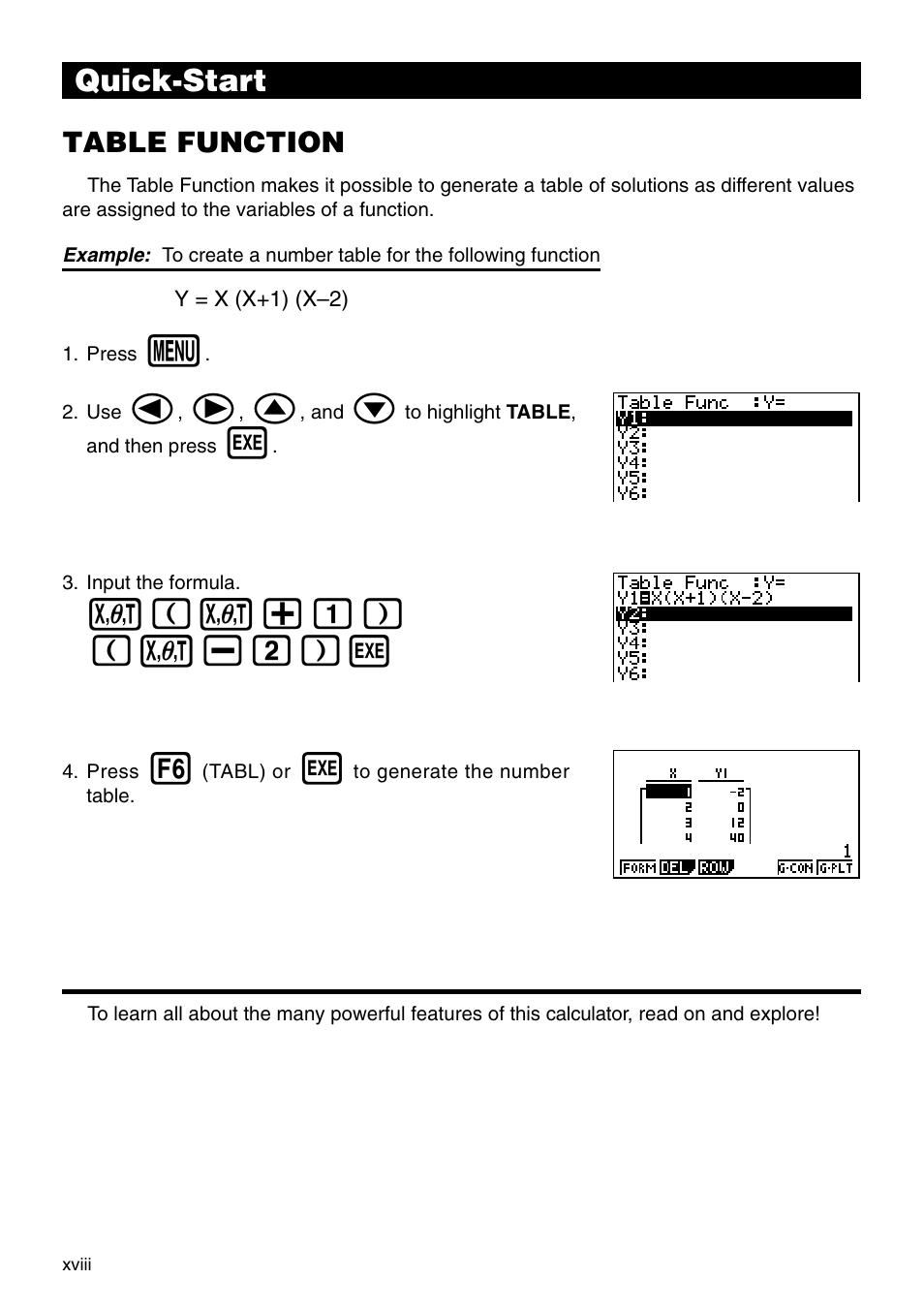 V(v+b) ( v-c)w, Quick-start, Table function | Casio CFX-9850G PLUS User Manual | Page 20 / 28