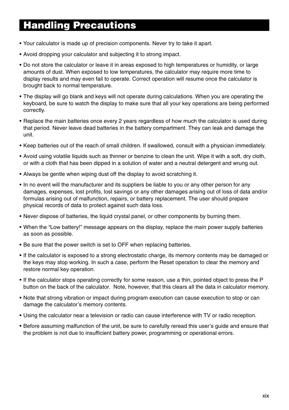 Handling precautions | Casio CFX-9850G PLUS User Manual | Page 21 / 28
