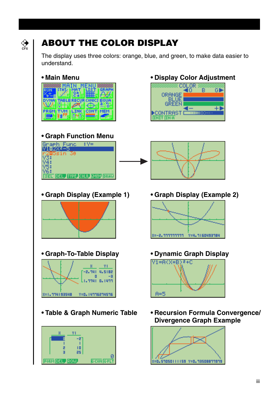 About the color display | Casio CFX-9850G PLUS User Manual | Page 5 / 28