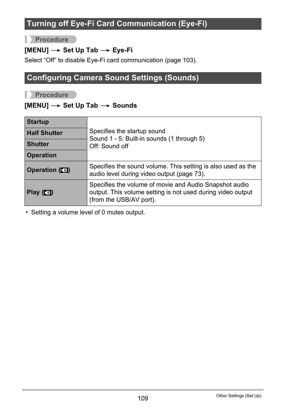 Turning off eye-fi card communication (eye-fi), Configuring camera sound settings (sounds) | Casio EXILIM EX Z 2 User Manual | Page 109 / 148