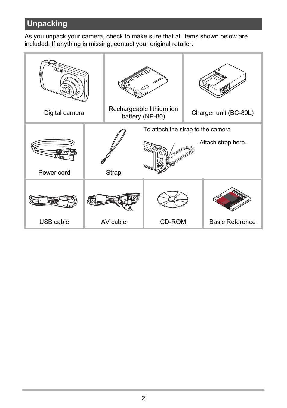 Unpacking | Casio EXILIM EX Z 2 User Manual | Page 2 / 148