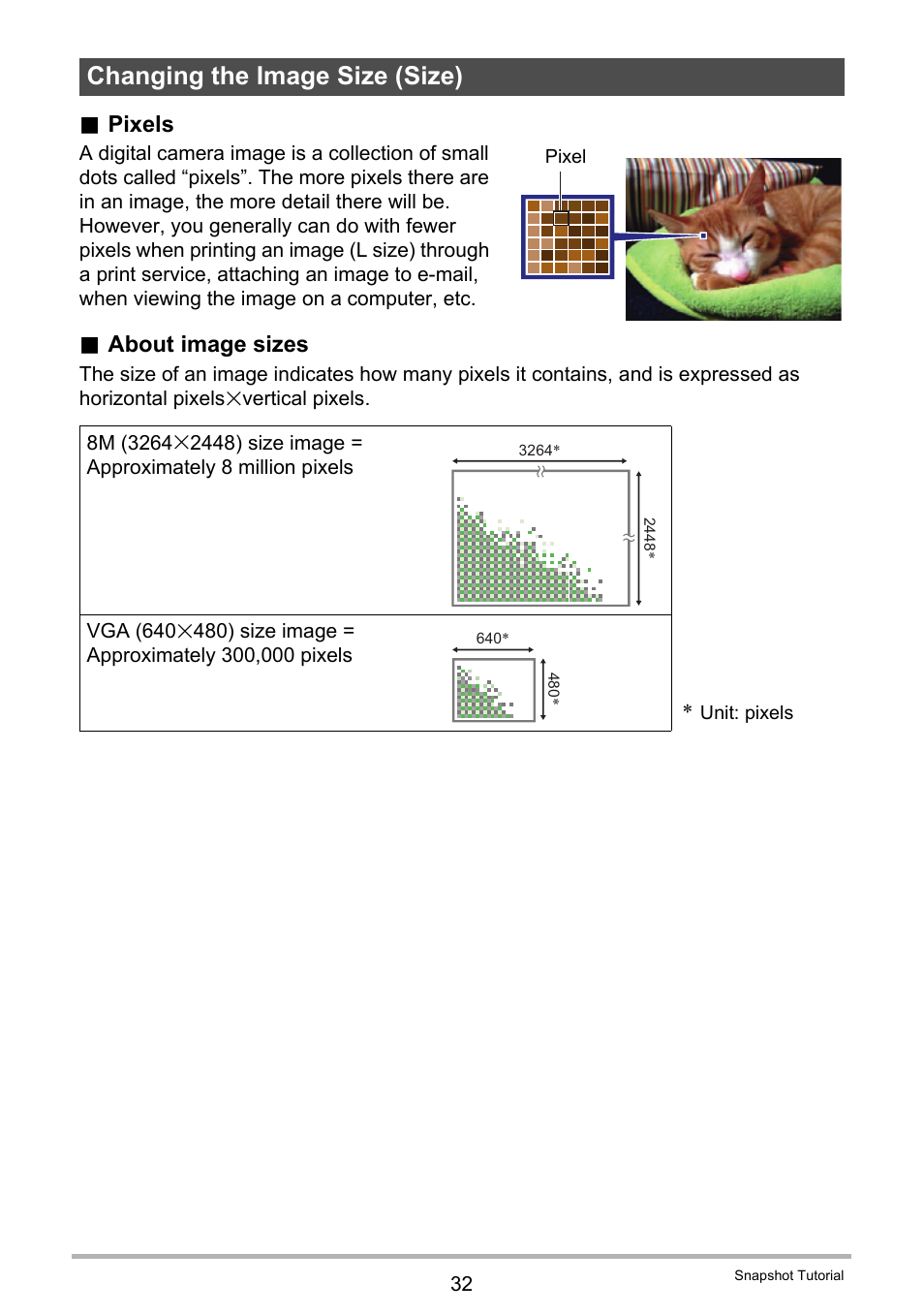 Changing the image size (size), Pixels, About image sizes | Casio EXILIM EX Z 2 User Manual | Page 32 / 148