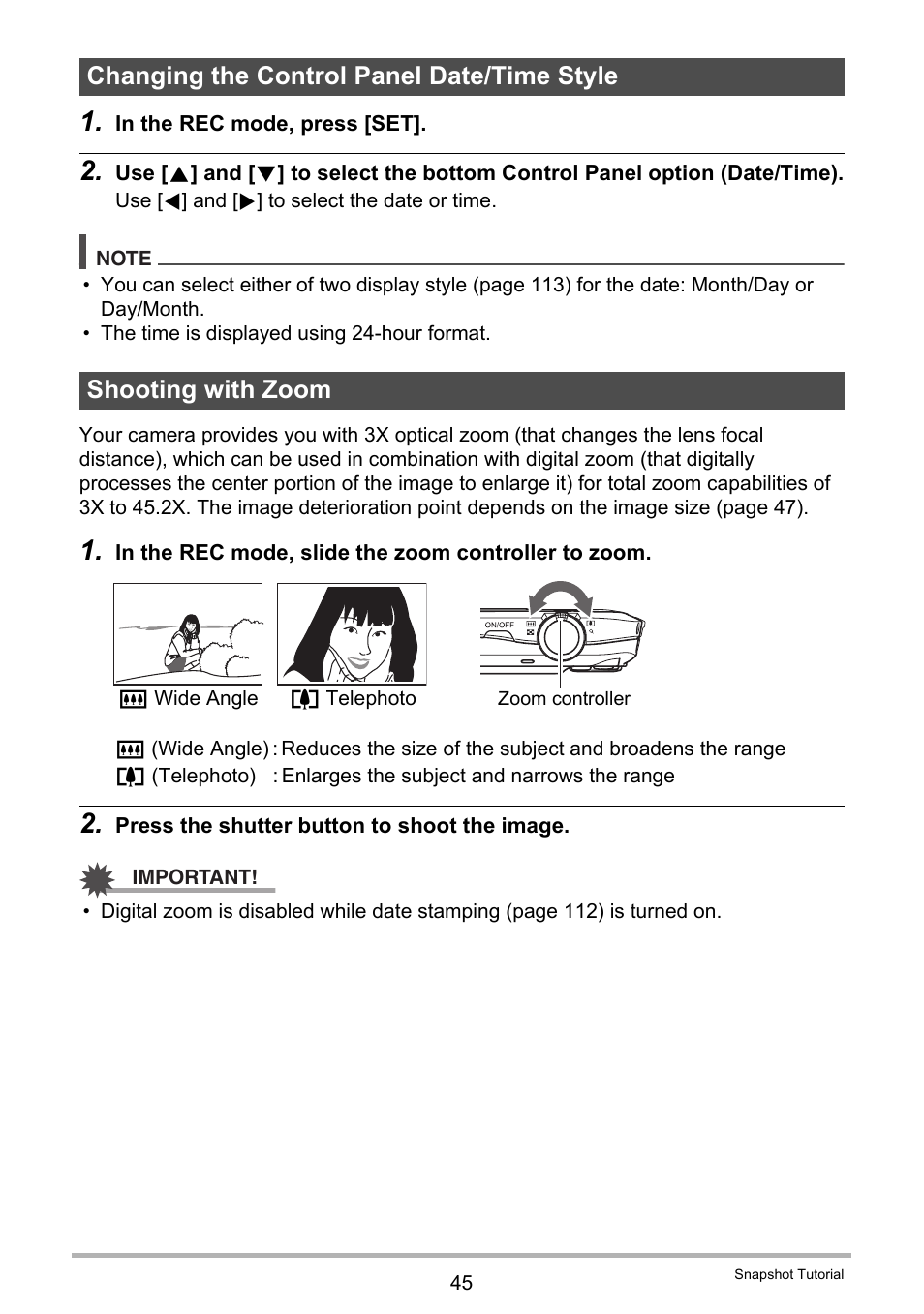 Changing the control panel date/time style, Shooting with zoom | Casio EXILIM EX Z 2 User Manual | Page 45 / 148