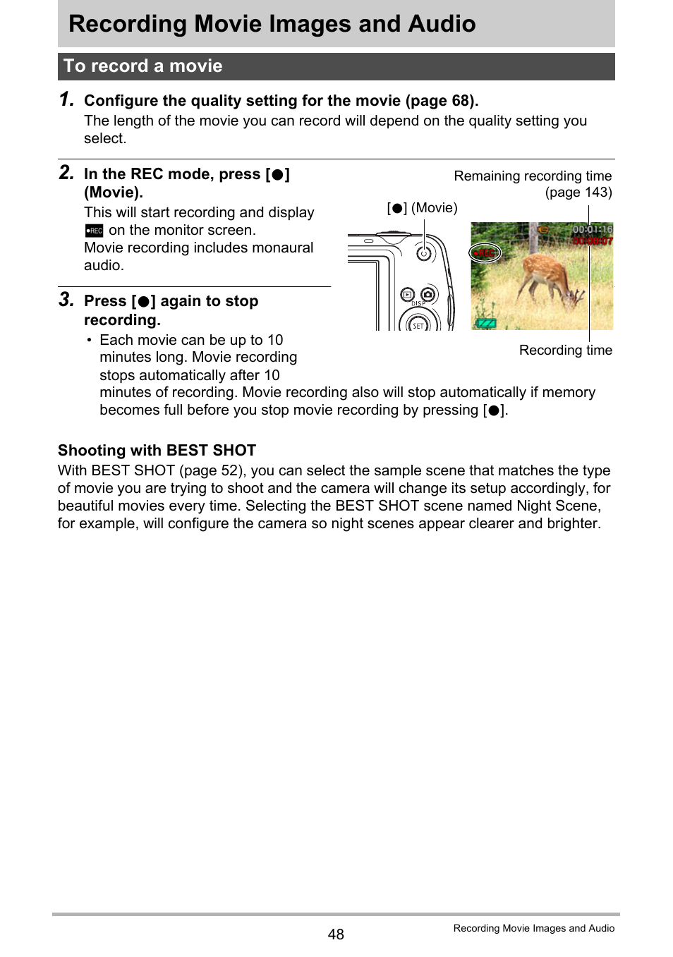 Recording movie images and audio, To record a movie | Casio EXILIM EX Z 2 User Manual | Page 48 / 148