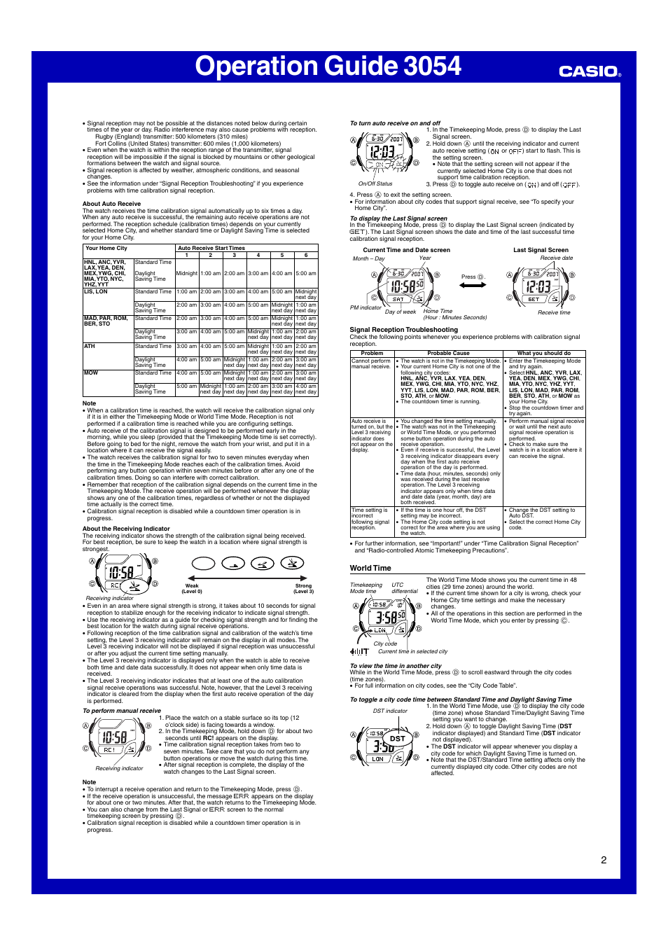 World time, Operation guide 3054 | Casio Operation Guide 3054 User Manual | Page 2 / 5