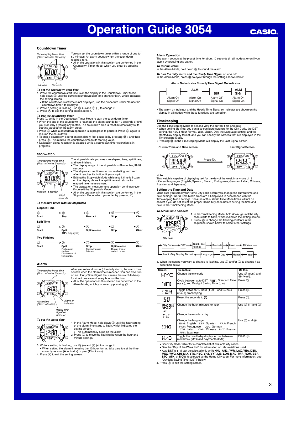 Countdown timer, Stopwatch, Alarm | Timekeeping, Operation guide 3054 | Casio Operation Guide 3054 User Manual | Page 3 / 5