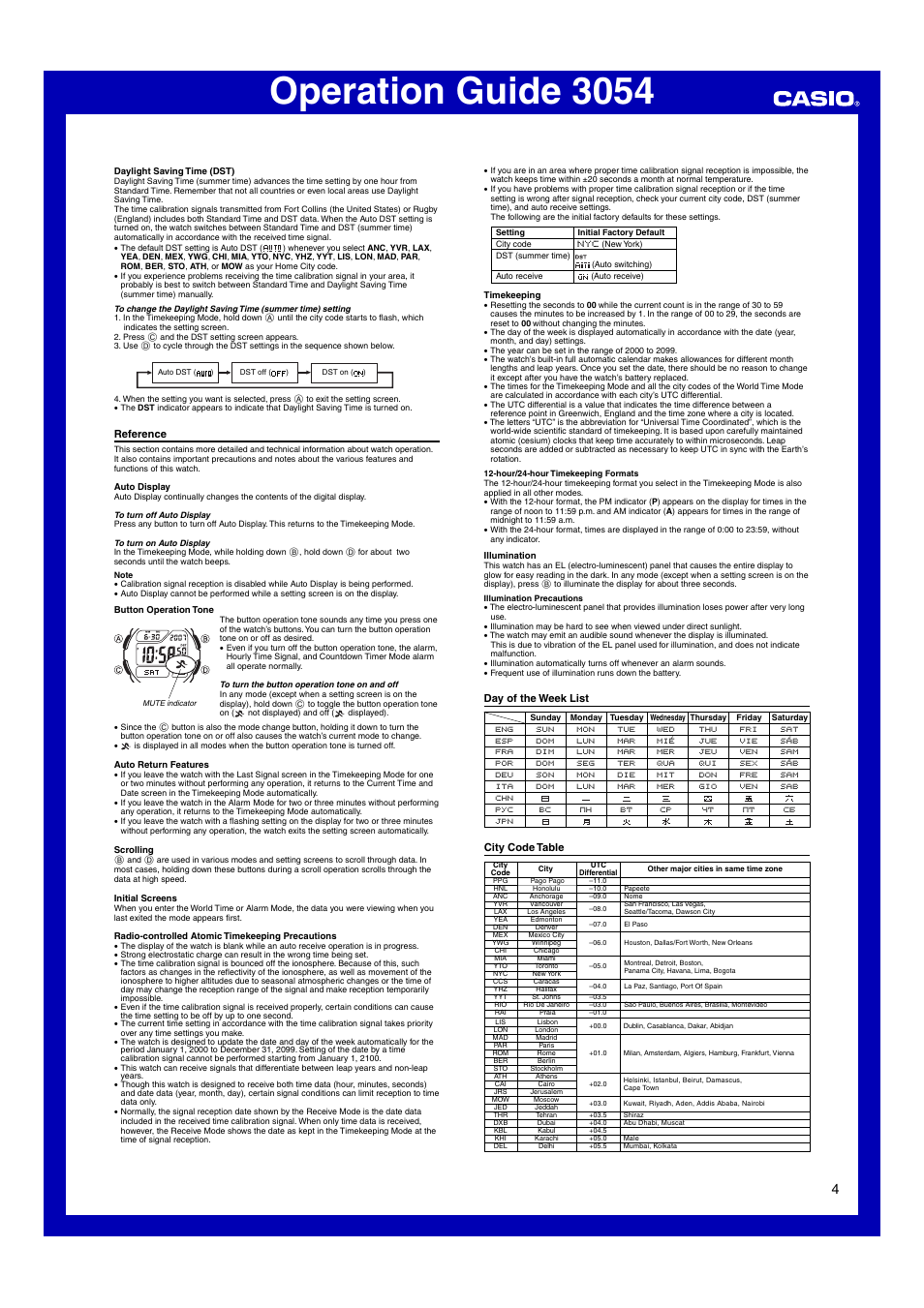 Reference, Day of the week list, City code table | Operation guide 3054 | Casio Operation Guide 3054 User Manual | Page 4 / 5