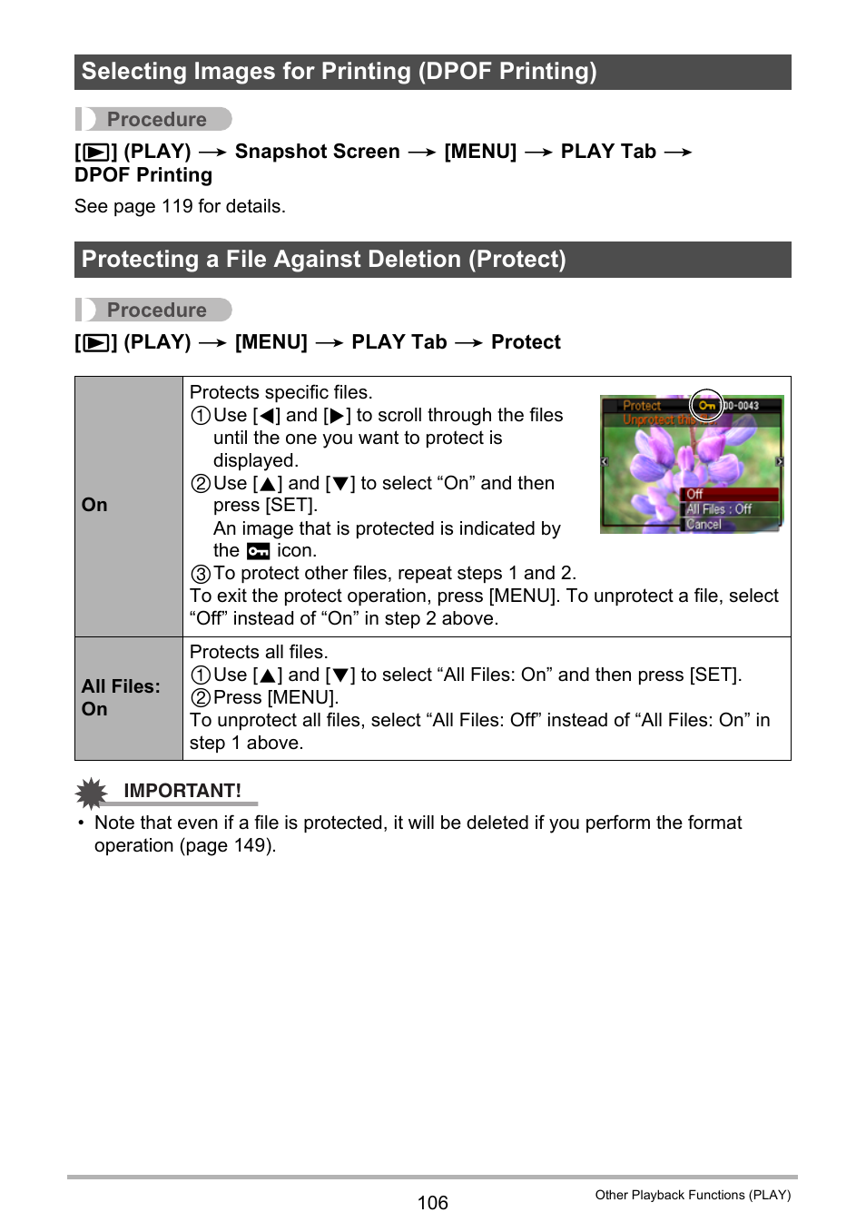 Selecting images for printing (dpof printing), Protecting a file against deletion (protect) | Casio EX-Z335 User Manual | Page 106 / 194