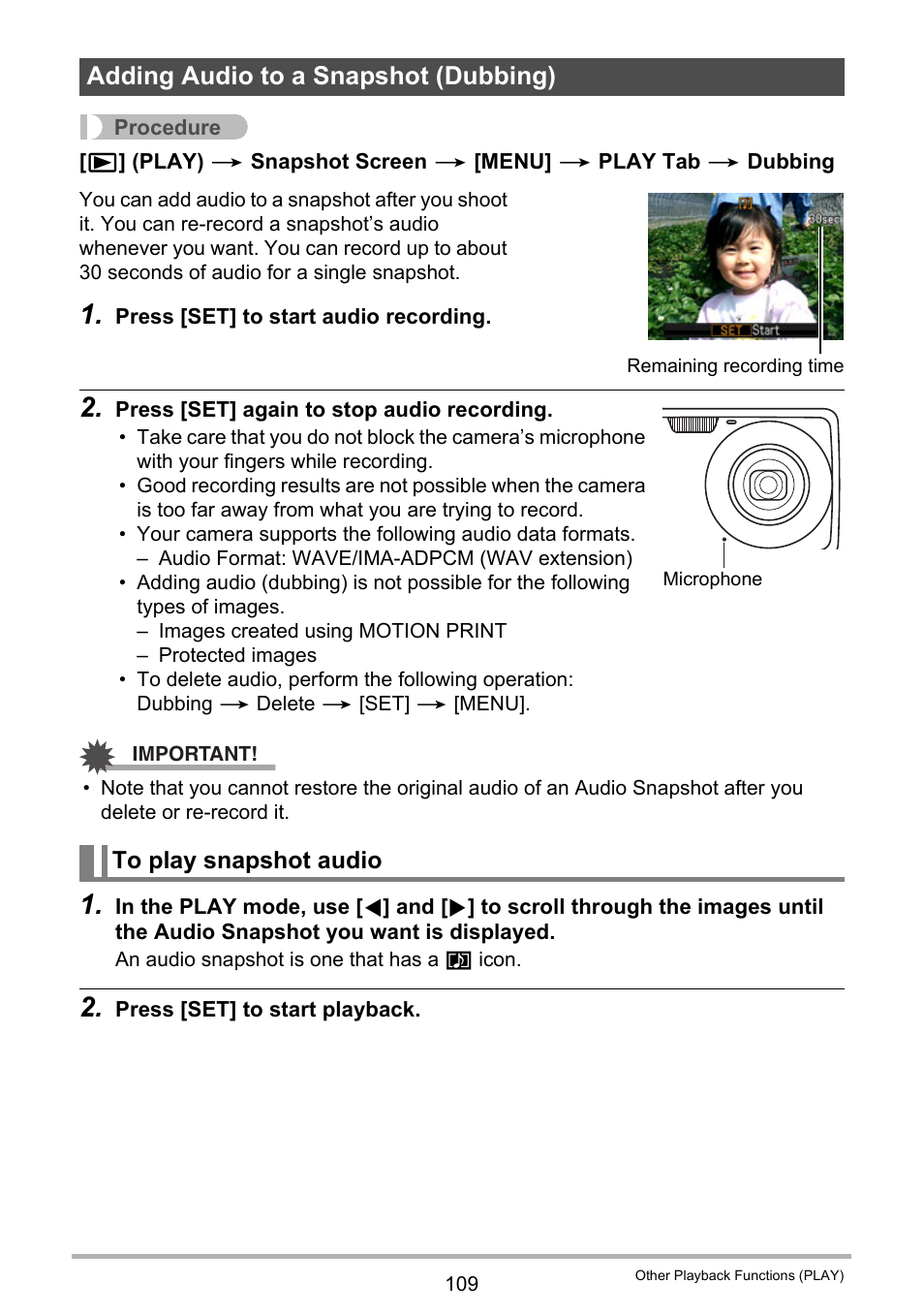 Adding audio to a snapshot (dubbing), To play snapshot audio | Casio EX-Z335 User Manual | Page 109 / 194