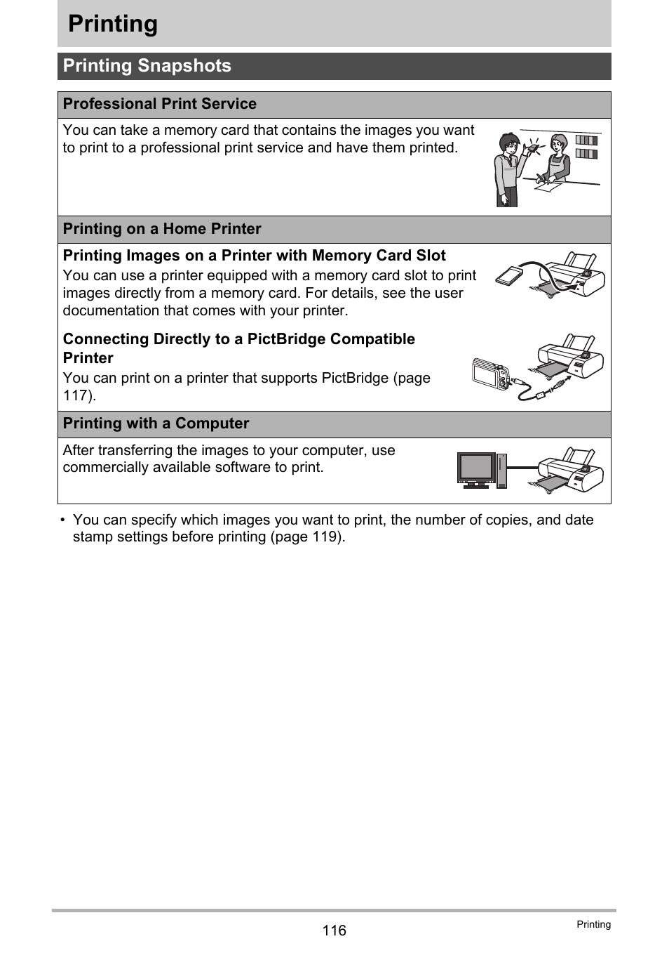 Printing, Printing snapshots | Casio EX-Z335 User Manual | Page 116 / 194