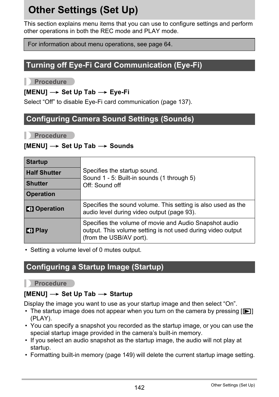 Other settings (set up), Turning off eye-fi card communication (eye-fi), Configuring camera sound settings (sounds) | Configuring a startup image (startup), Other settings, Set up) 142 | Casio EX-Z335 User Manual | Page 142 / 194