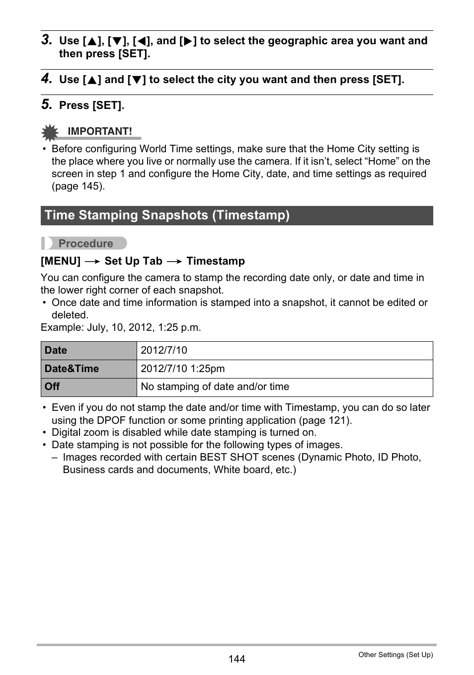 Time stamping snapshots (timestamp) | Casio EX-Z335 User Manual | Page 144 / 194