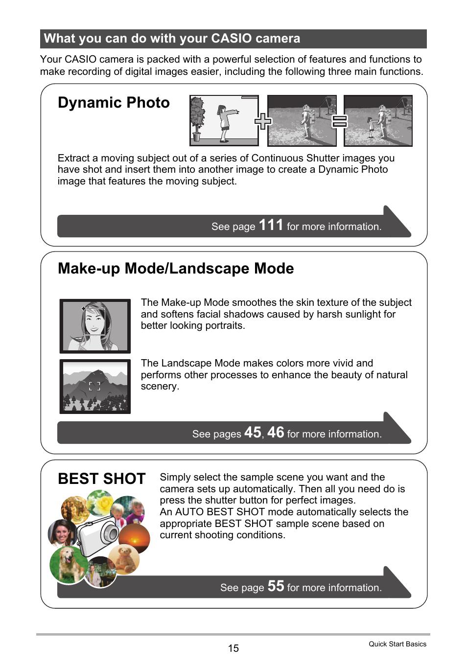 What you can do with your casio camera, Dynamic photo, Make-up mode/landscape mode best shot | Casio EX-Z335 User Manual | Page 15 / 194