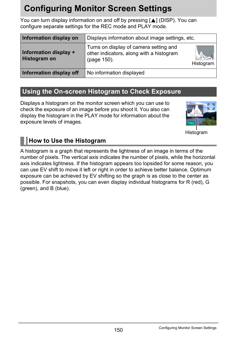 Configuring monitor screen settings, Using the on-screen histogram to check exposure, How to use the histogram | Casio EX-Z335 User Manual | Page 150 / 194