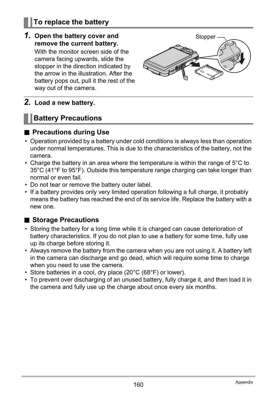 To replace the battery, Battery precautions | Casio EX-Z335 User Manual | Page 160 / 194