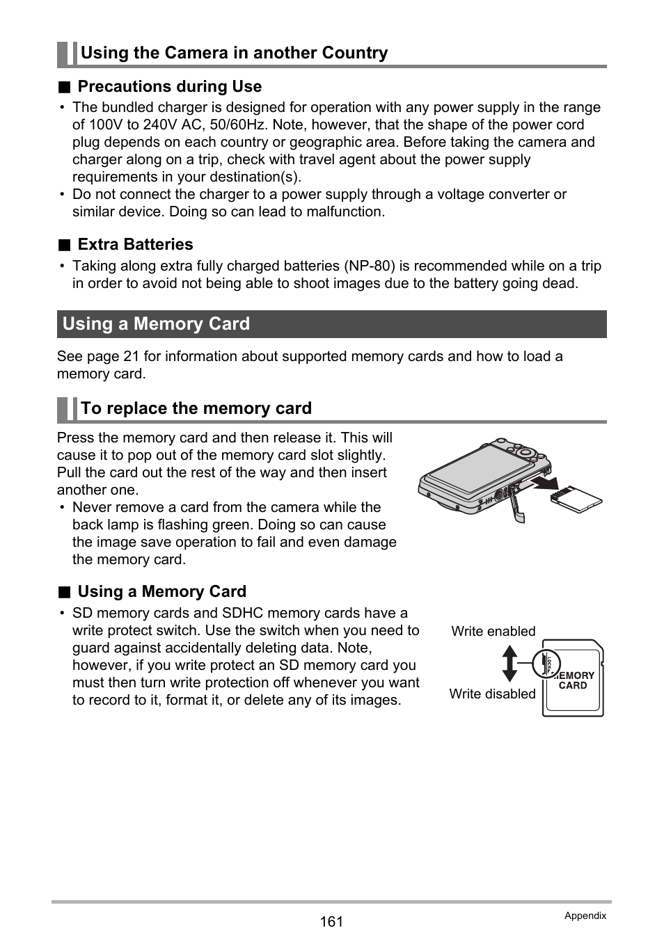 Using the camera in another country, Using a memory card, To replace the memory card | Casio EX-Z335 User Manual | Page 161 / 194