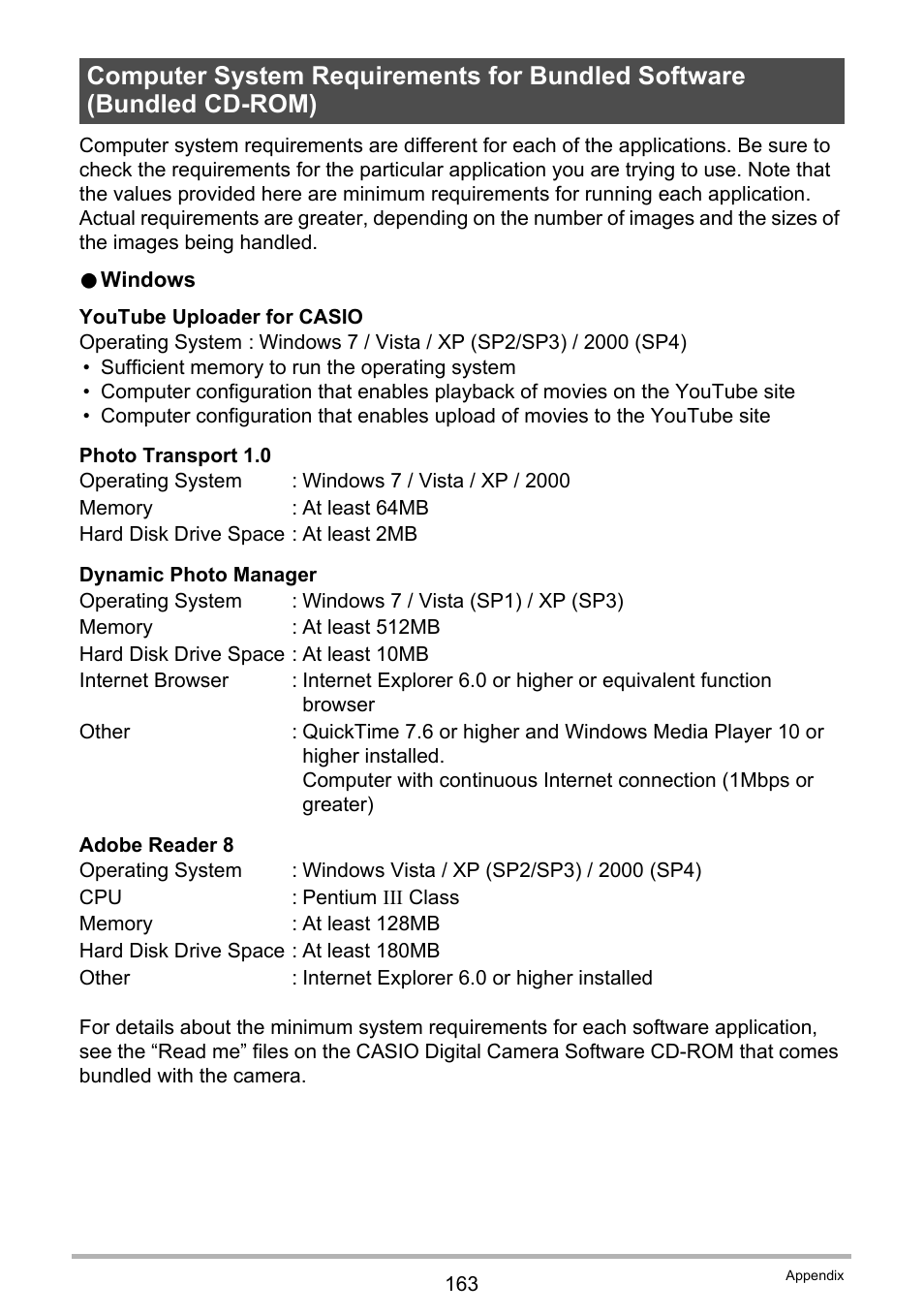 Computer system requirements for bundled software, Bundled cd-rom) . 163 | Casio EX-Z335 User Manual | Page 163 / 194