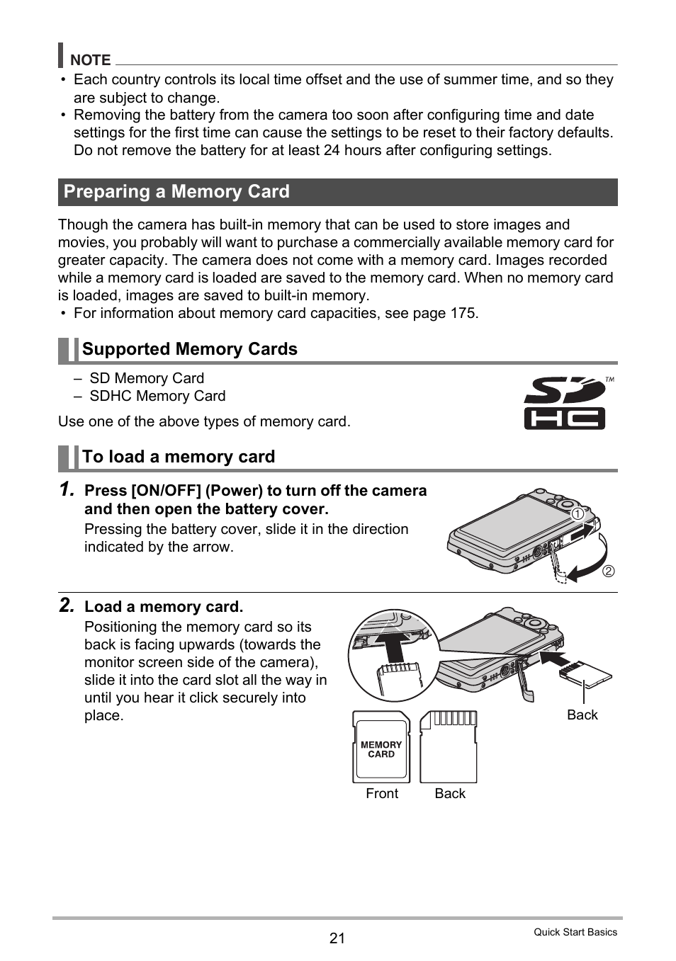 Preparing a memory card, Supported memory cards, To load a memory card | Casio EX-Z335 User Manual | Page 21 / 194