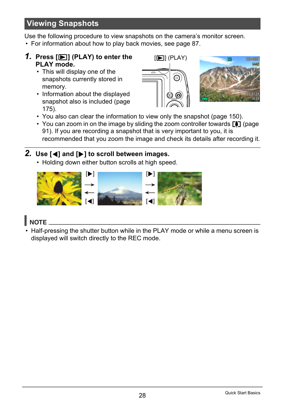 Viewing snapshots | Casio EX-Z335 User Manual | Page 28 / 194