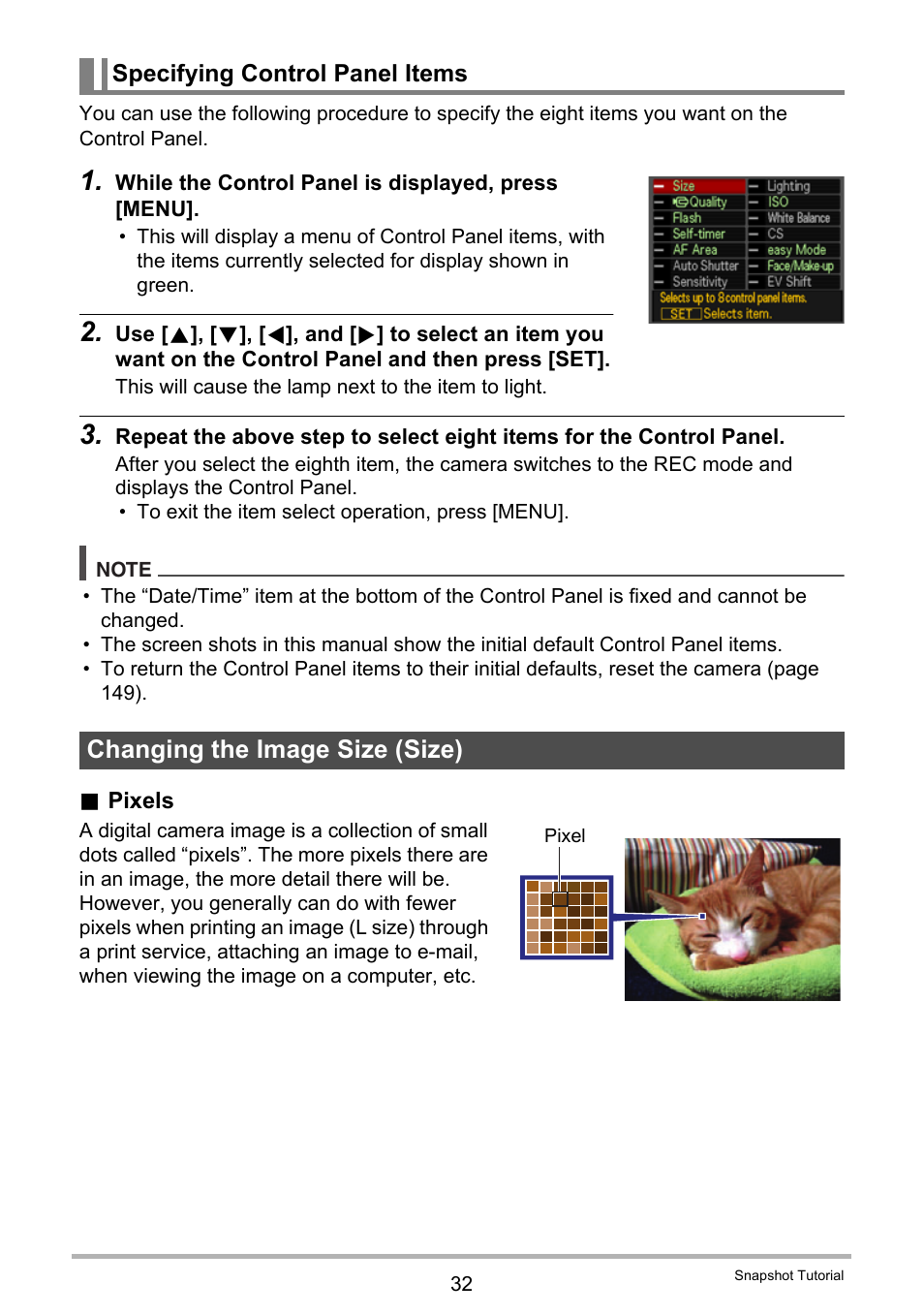 Specifying control panel items, Changing the image size (size) | Casio EX-Z335 User Manual | Page 32 / 194