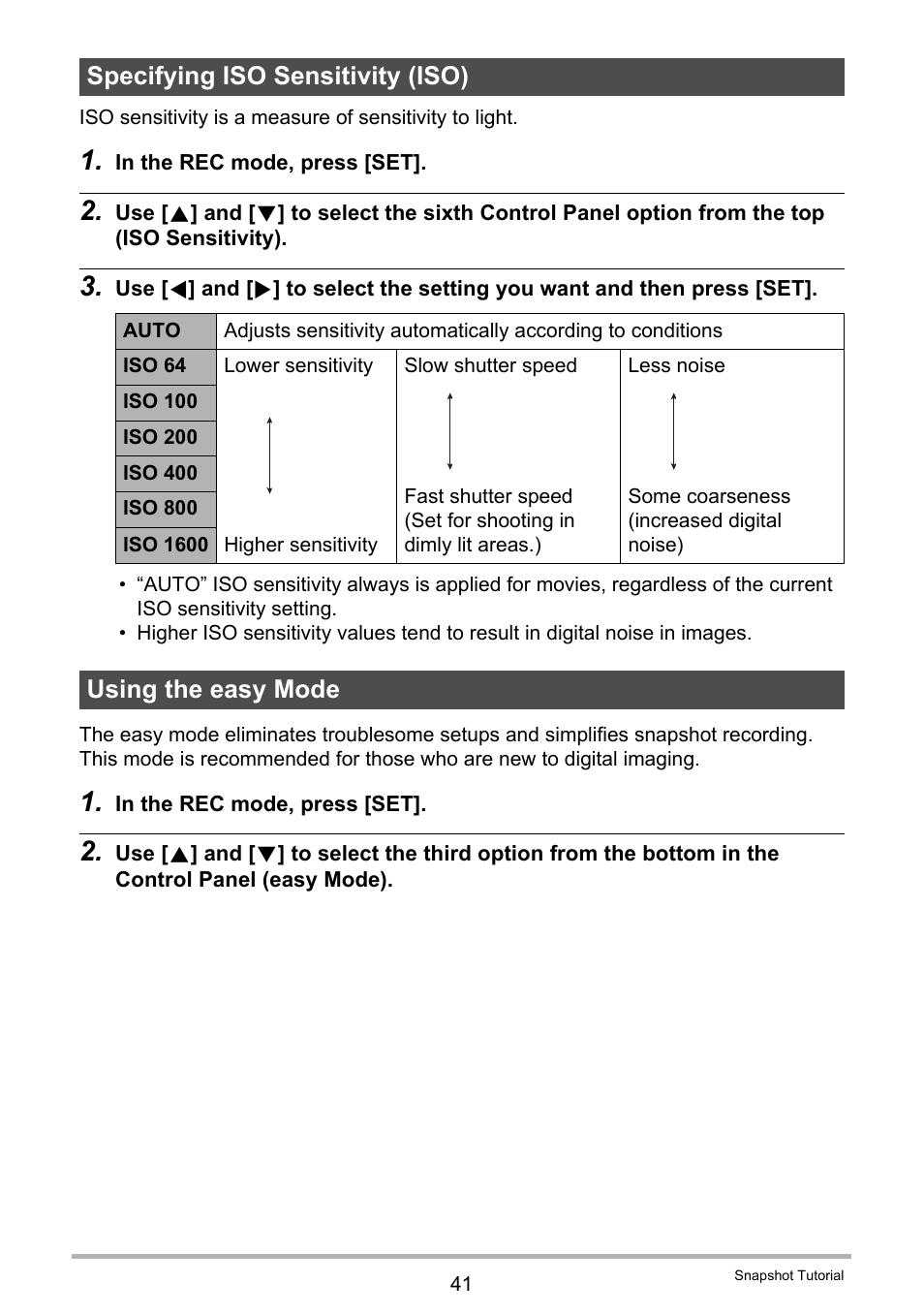 Specifying iso sensitivity (iso), Using the easy mode | Casio EX-Z335 User Manual | Page 41 / 194