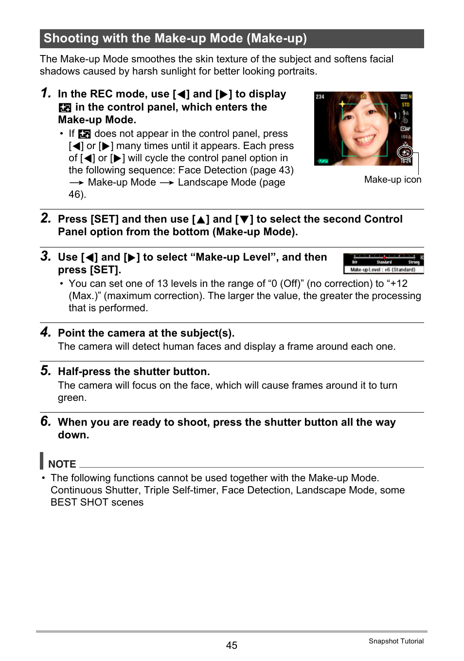 Shooting with the make-up mode (make-up) | Casio EX-Z335 User Manual | Page 45 / 194