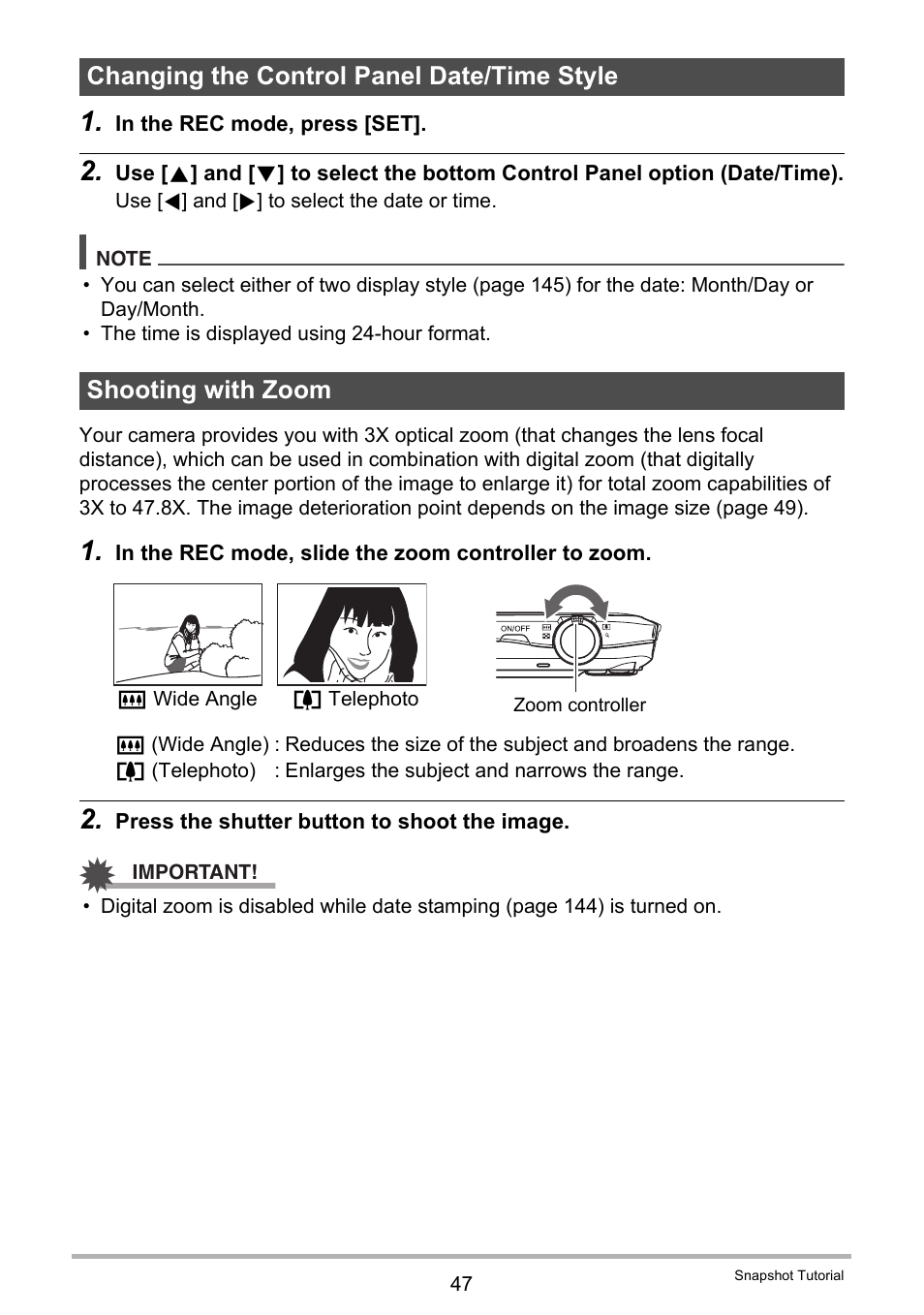 Changing the control panel date/time style, Shooting with zoom | Casio EX-Z335 User Manual | Page 47 / 194