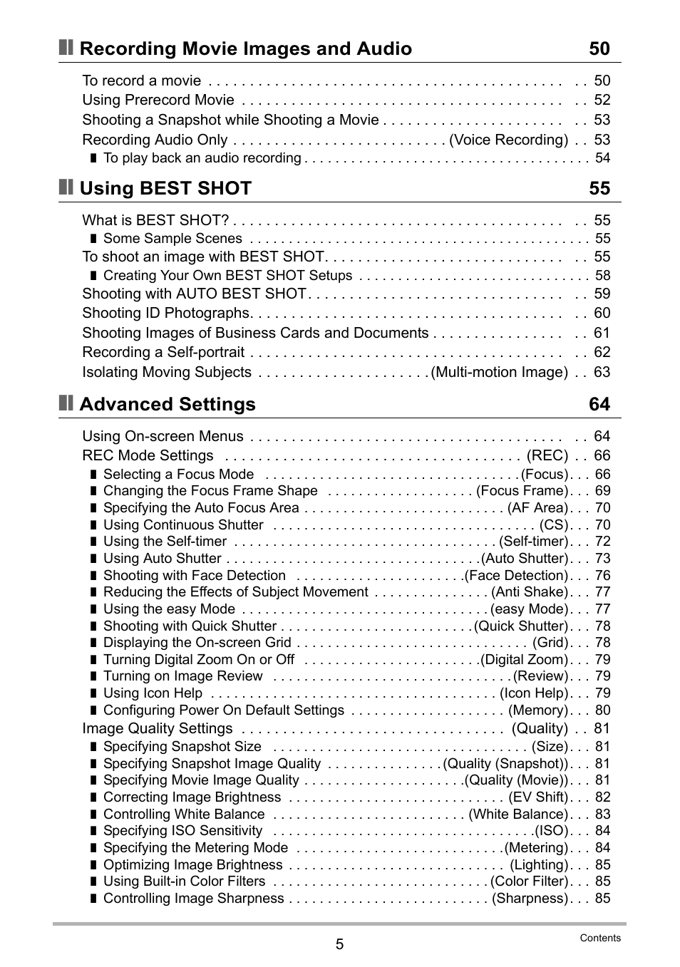 Recording movie images and audio 50, Using best shot 55, Advanced settings 64 | Casio EX-Z335 User Manual | Page 5 / 194