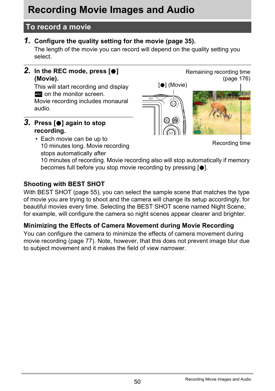 Recording movie images and audio, To record a movie | Casio EX-Z335 User Manual | Page 50 / 194