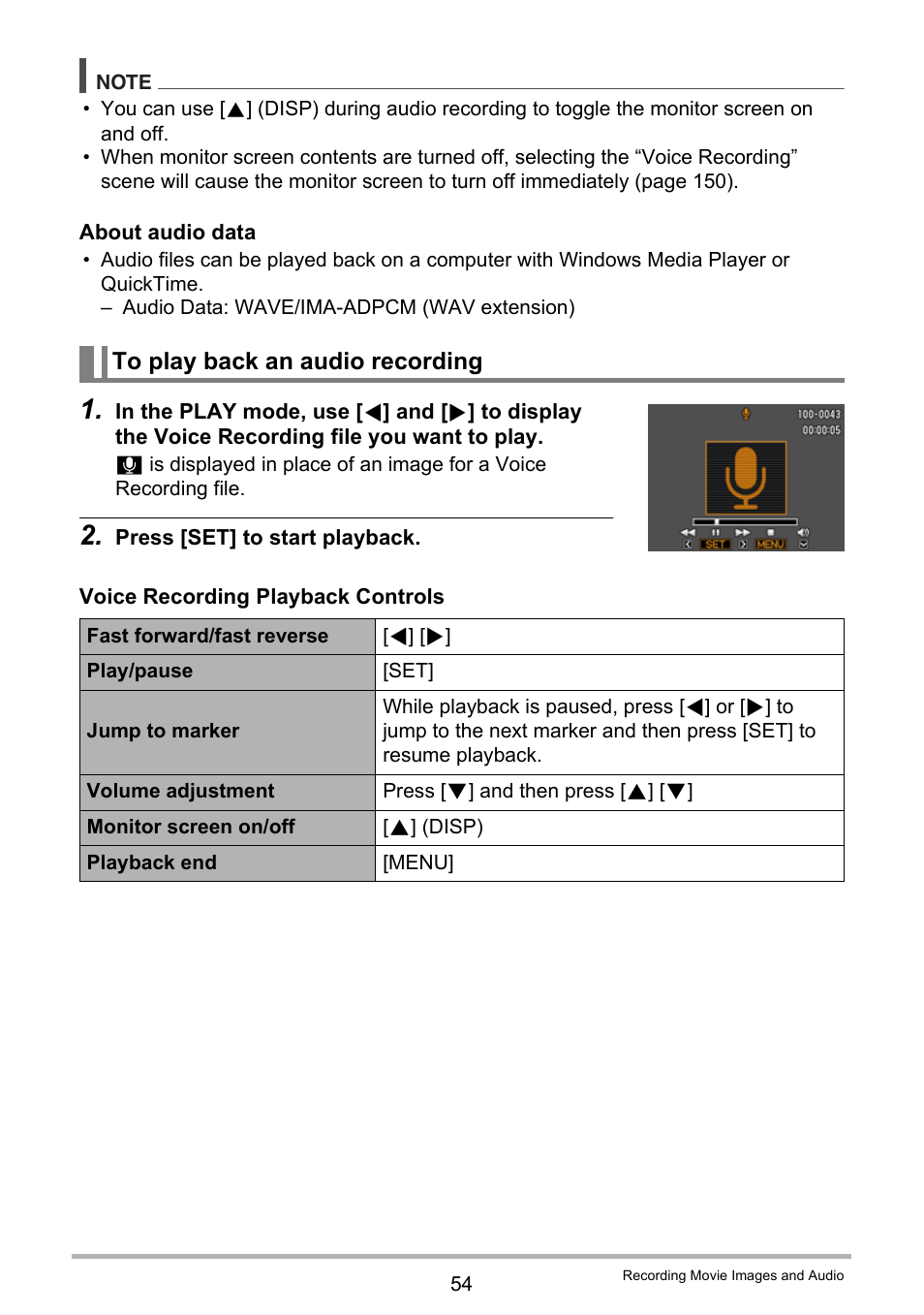 To play back an audio recording | Casio EX-Z335 User Manual | Page 54 / 194