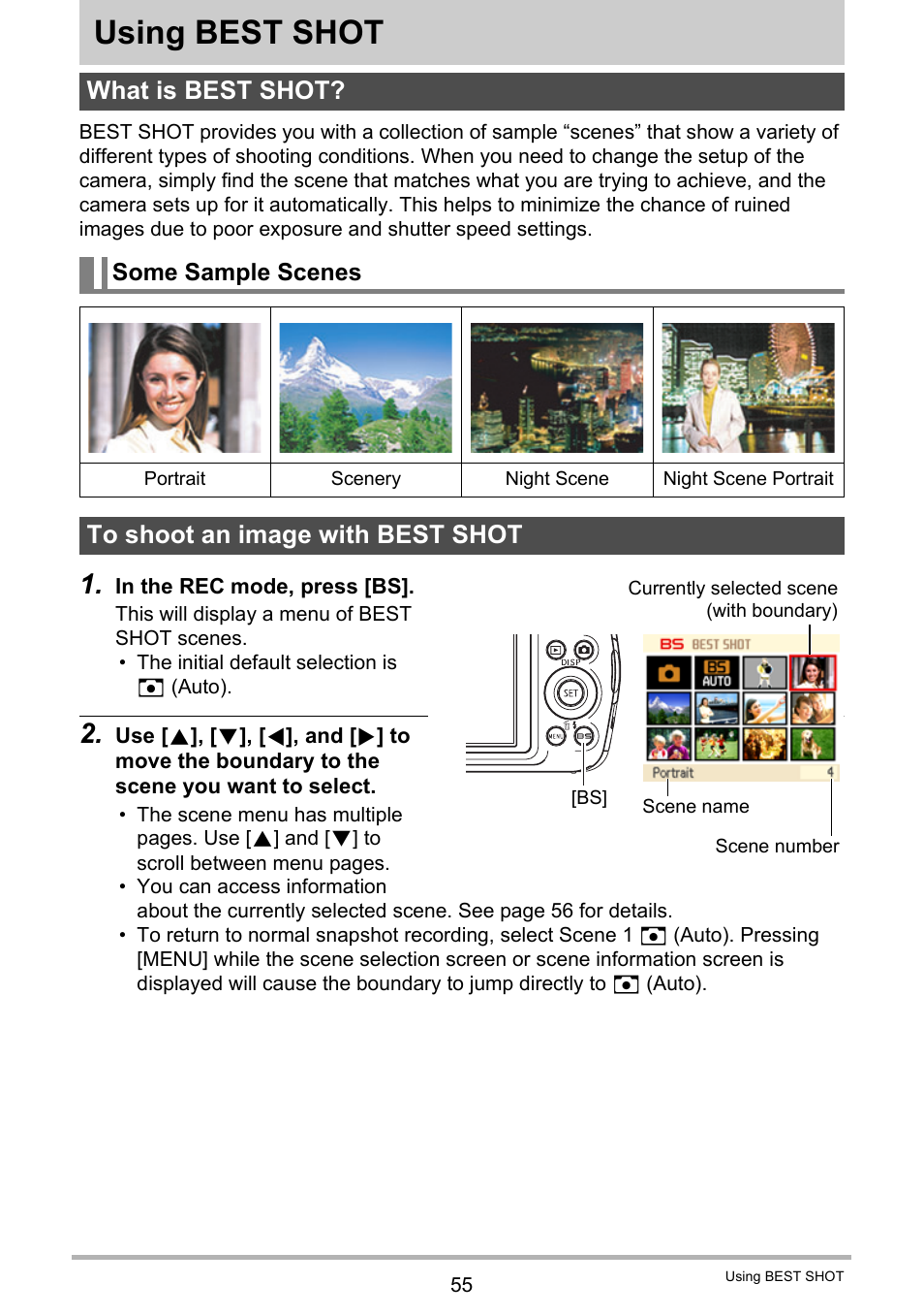 Using best shot, What is best shot, Some sample scenes | To shoot an image with best shot, 55), you can sel | Casio EX-Z335 User Manual | Page 55 / 194