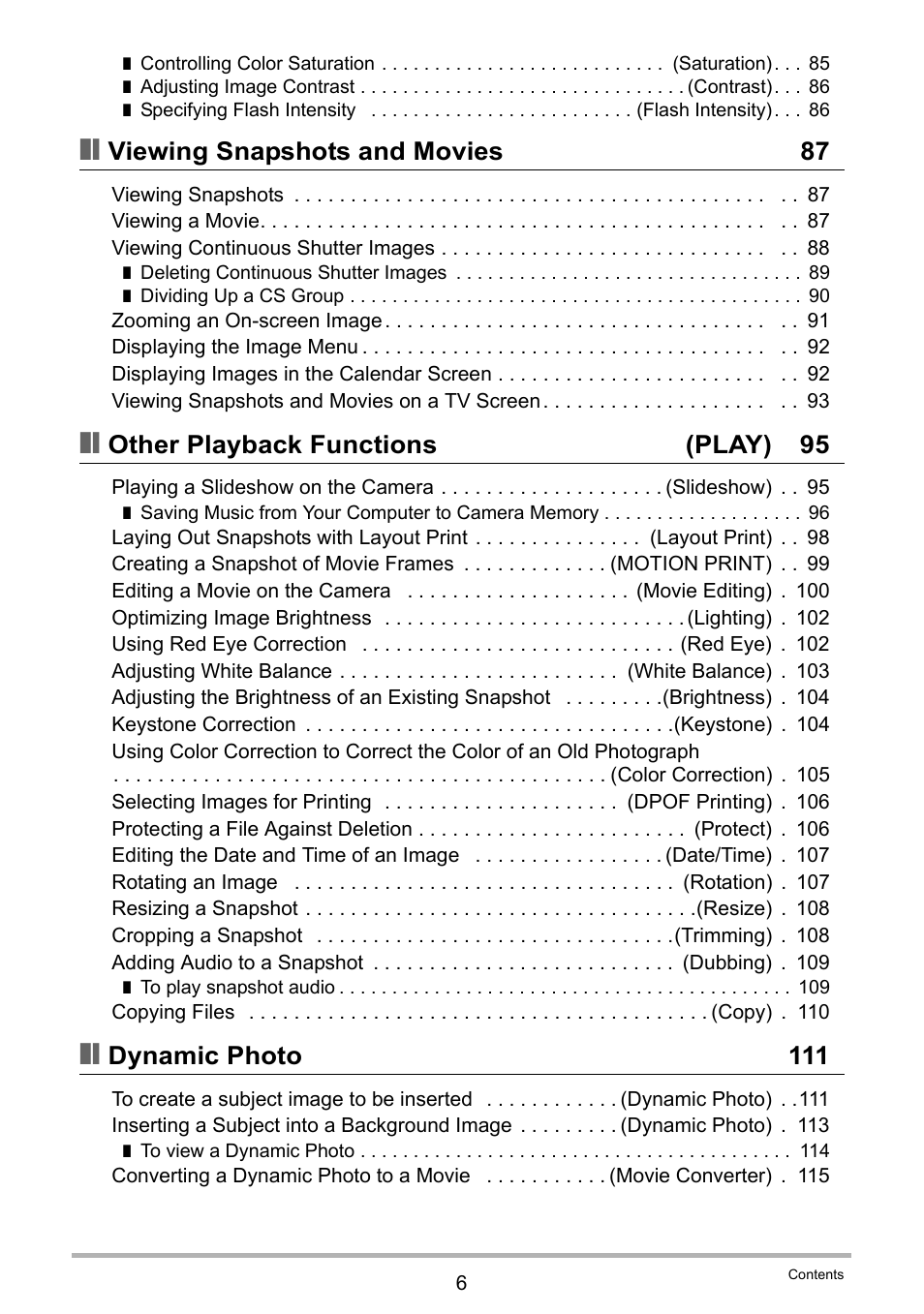 Viewing snapshots and movies 87, Other playback functions (play) 95, Dynamic photo 111 | Casio EX-Z335 User Manual | Page 6 / 194