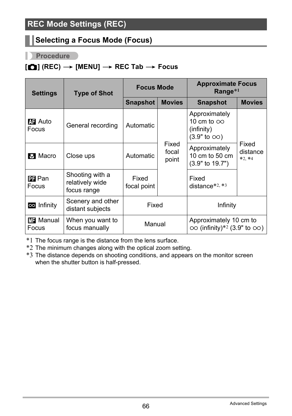 Rec mode settings (rec), Selecting a focus mode (focus) | Casio EX-Z335 User Manual | Page 66 / 194