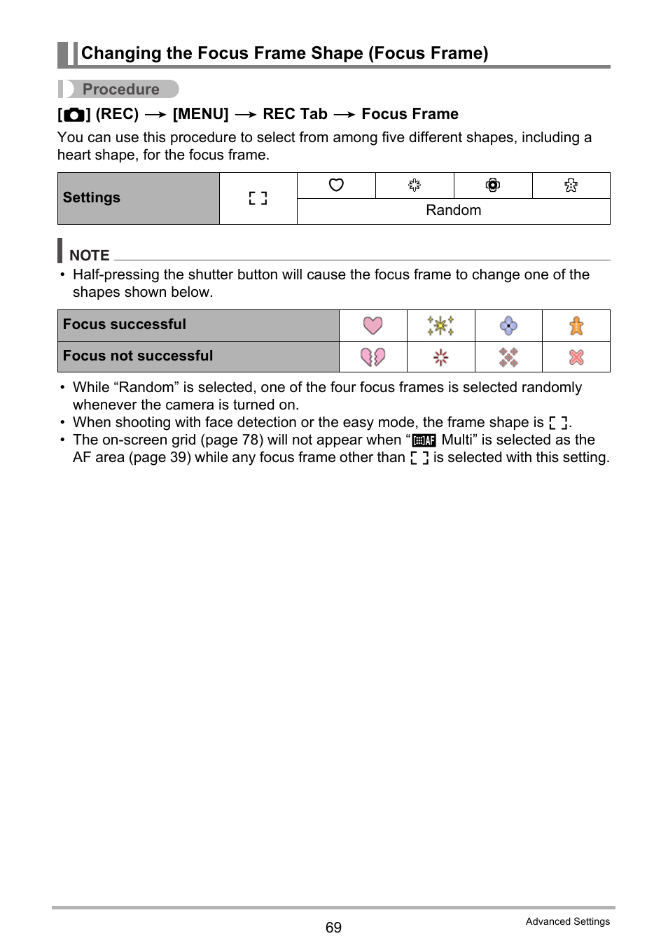 Changing the focus frame shape (focus frame) | Casio EX-Z335 User Manual | Page 69 / 194