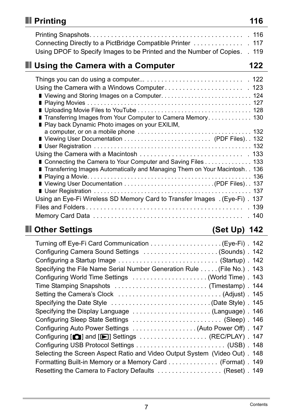 Printing 116, Using the camera with a computer 122, Other settings (set up) 142 | Casio EX-Z335 User Manual | Page 7 / 194