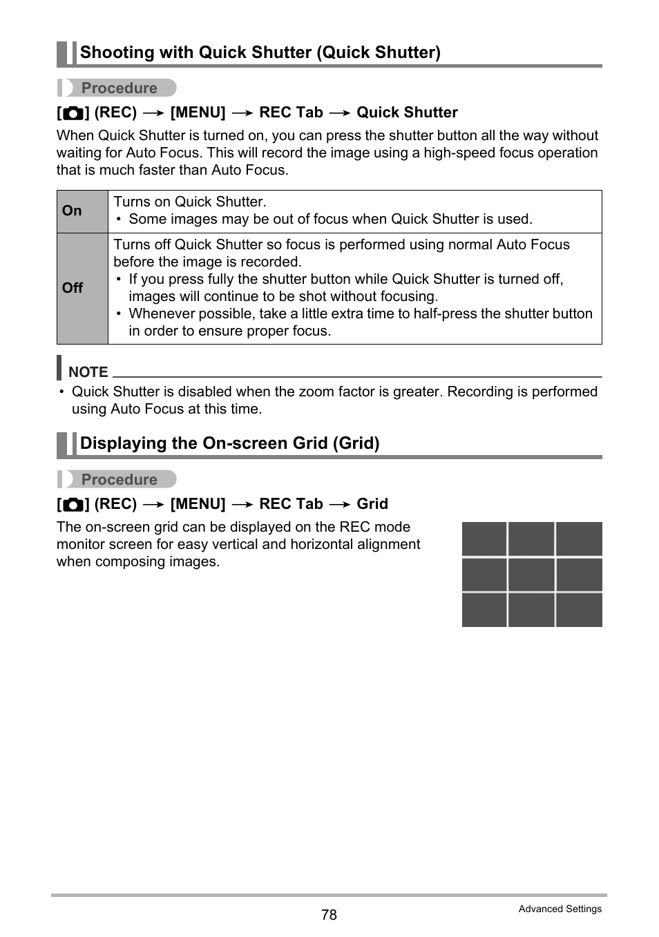 Shooting with quick shutter (quick shutter), Displaying the on-screen grid (grid) | Casio EX-Z335 User Manual | Page 78 / 194